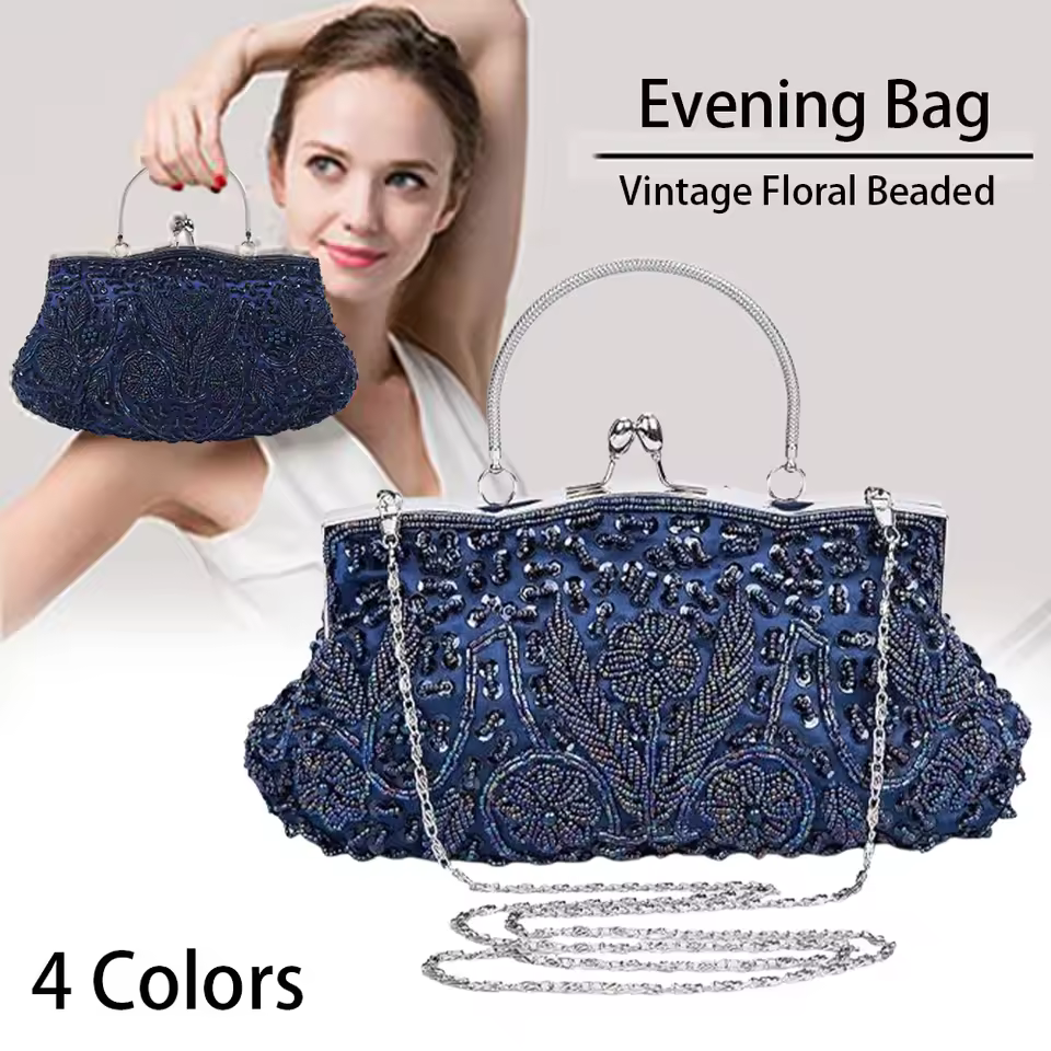 Retro Beaded Evening Bag for Women – Elegant Clutch Purse with Shoulder Chain, Wedding Party Handbag